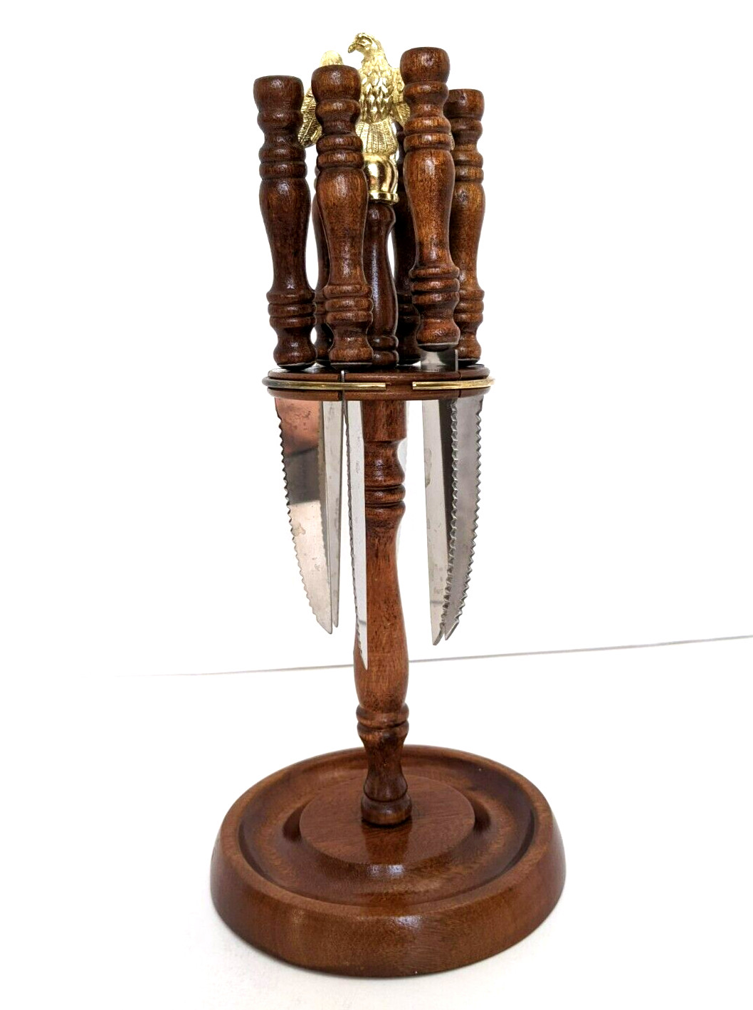 Vintage Wooden Metal Eagle Stand With 6 Steak Knives Wooden Handles 11.1/4 x 5"