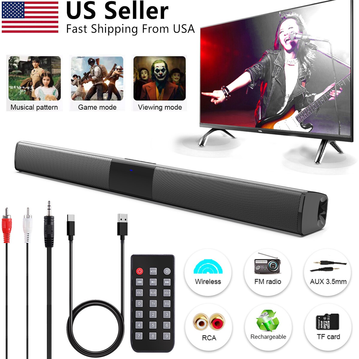 Surround Sound Bar 4 Speaker System Wireless Subwoofer TV Home Theater & Remote
