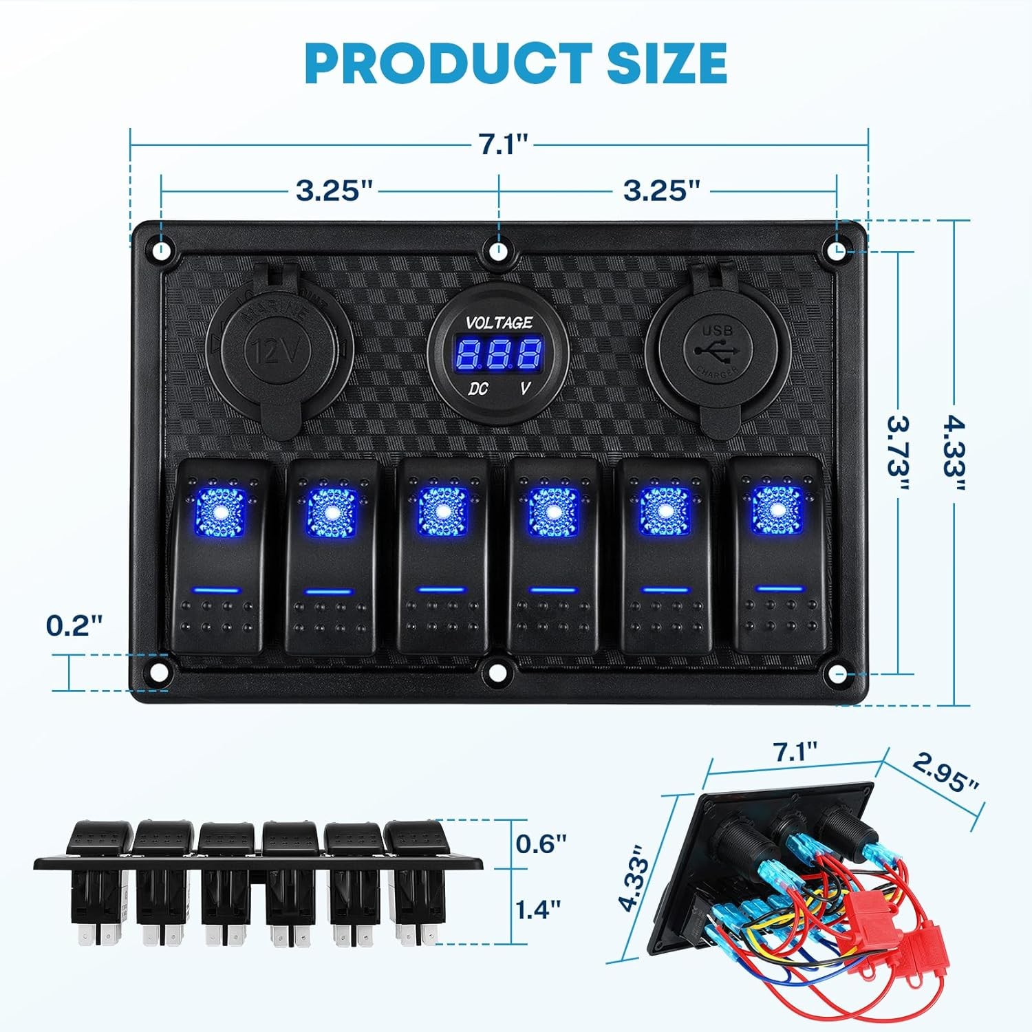 Panel de interruptores 6 vías 12V impermeable con USB y voltímetro