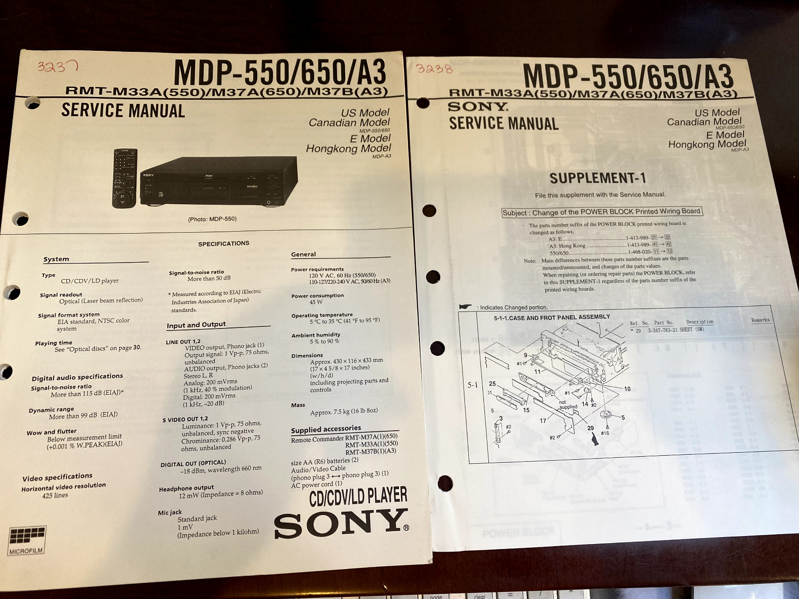 SONY MDP-550 MDP-650 A3 LD PLAYER Service Manual FROM USA **ORIGINAL** 3237 4869