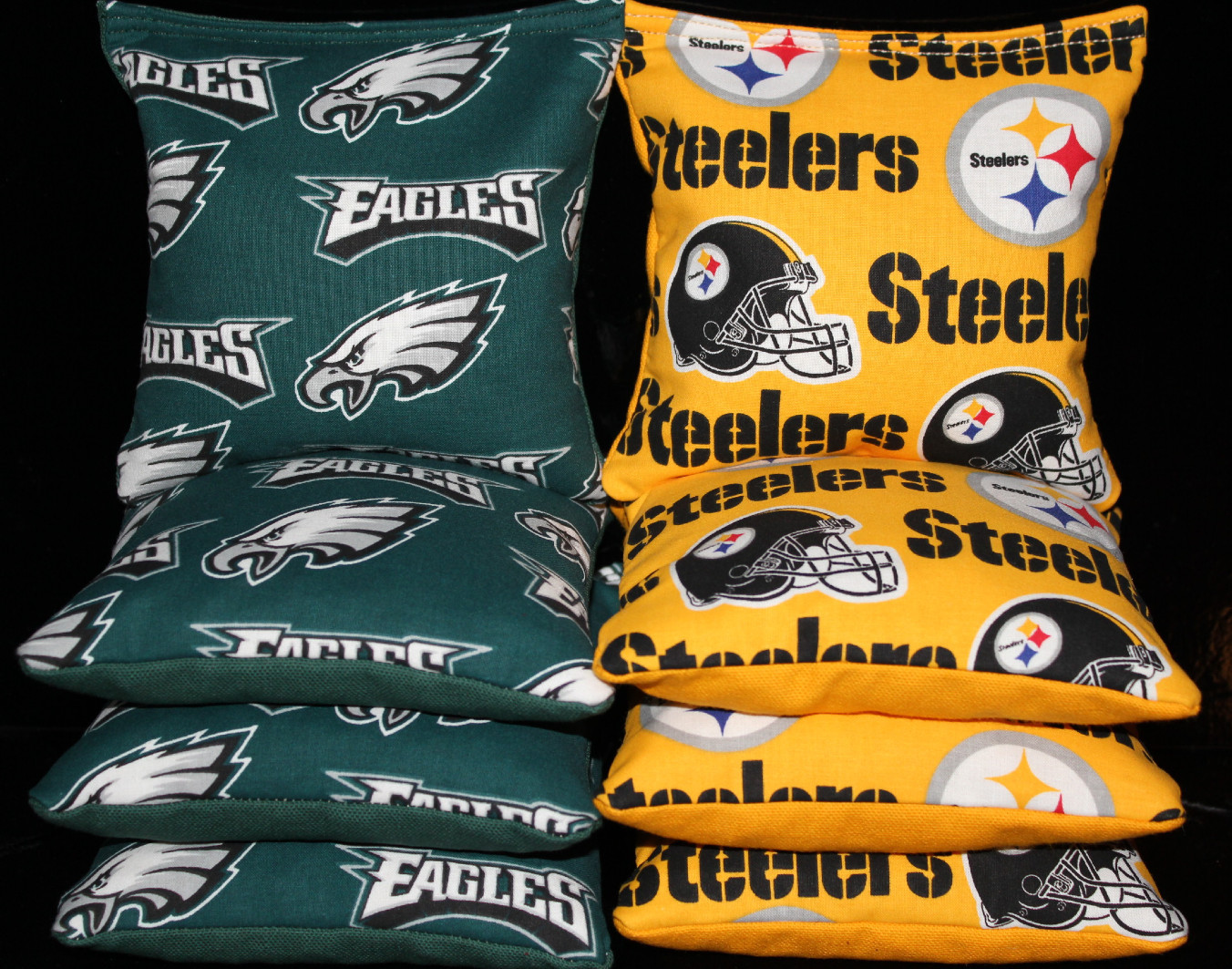 CORNHOLE BEAN BAGS made w PITTSBURGH STEELERS & PHILADELPHIA EAGLES Fabrics
