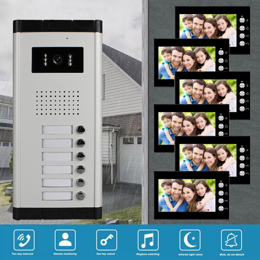 2-6 Units Apartment Video Intercom System 7'' Monitor Video Door Phone Kit