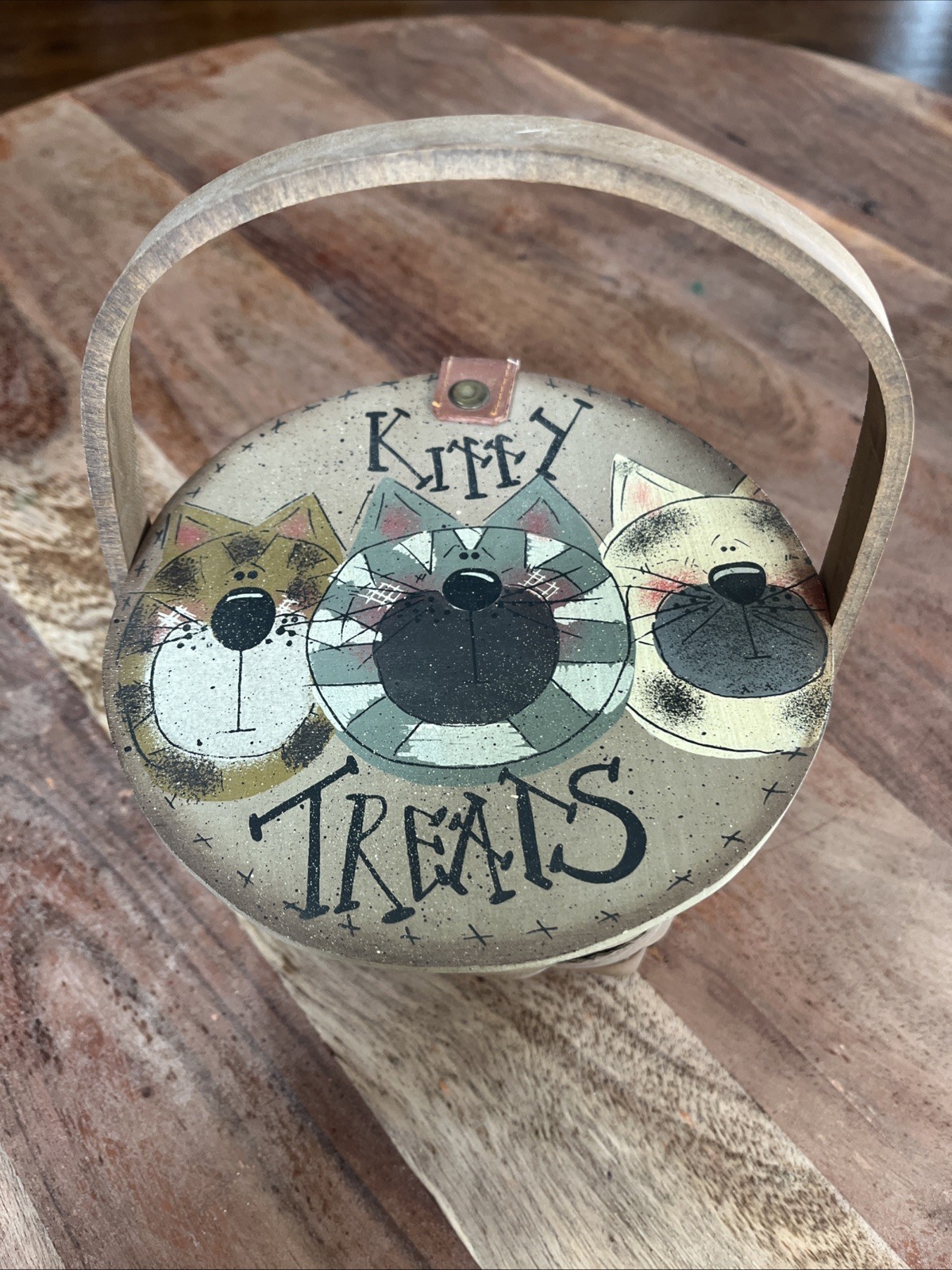 Kitty Treats handpainted cat treat wood & woven basket 3 cats paw prints handle