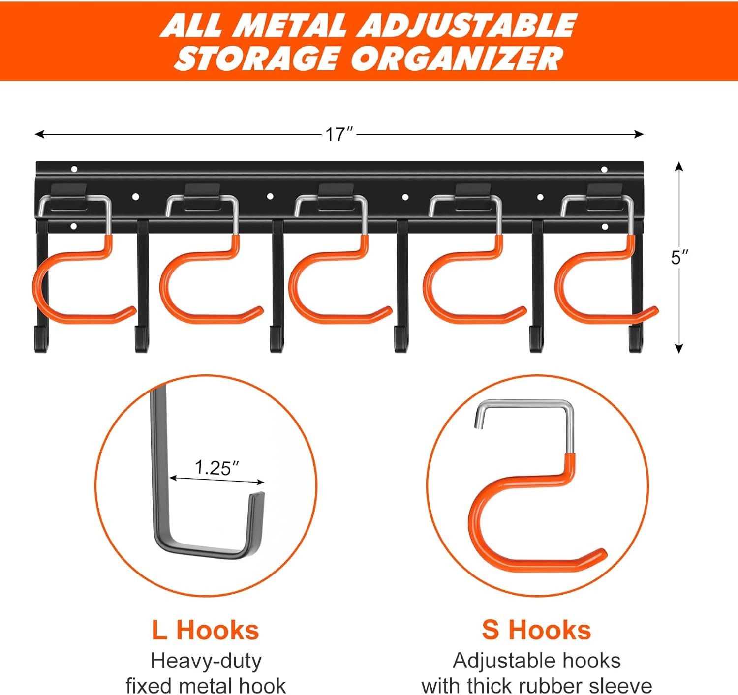 68" All Metal Garden Tool Organizer - Adjustable Wall Mount Storage Solution