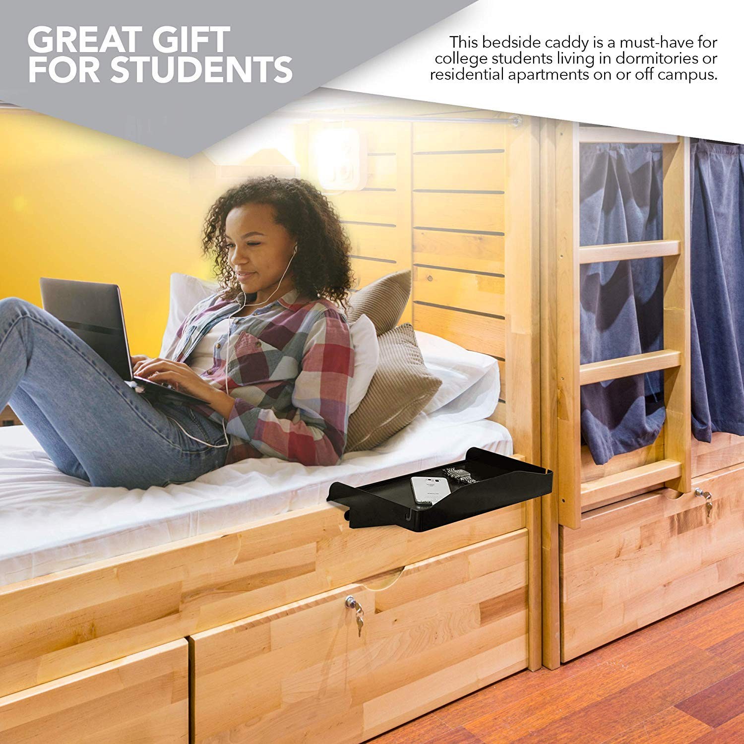 Clip-On Bunk Bed Shelf Caddy - Nightstand Tray w/ Cup Cord Black