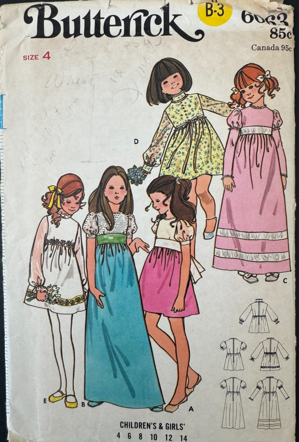 6063 Butterick Girl's Dress Sewing Pattern Size 4T Breast 23"