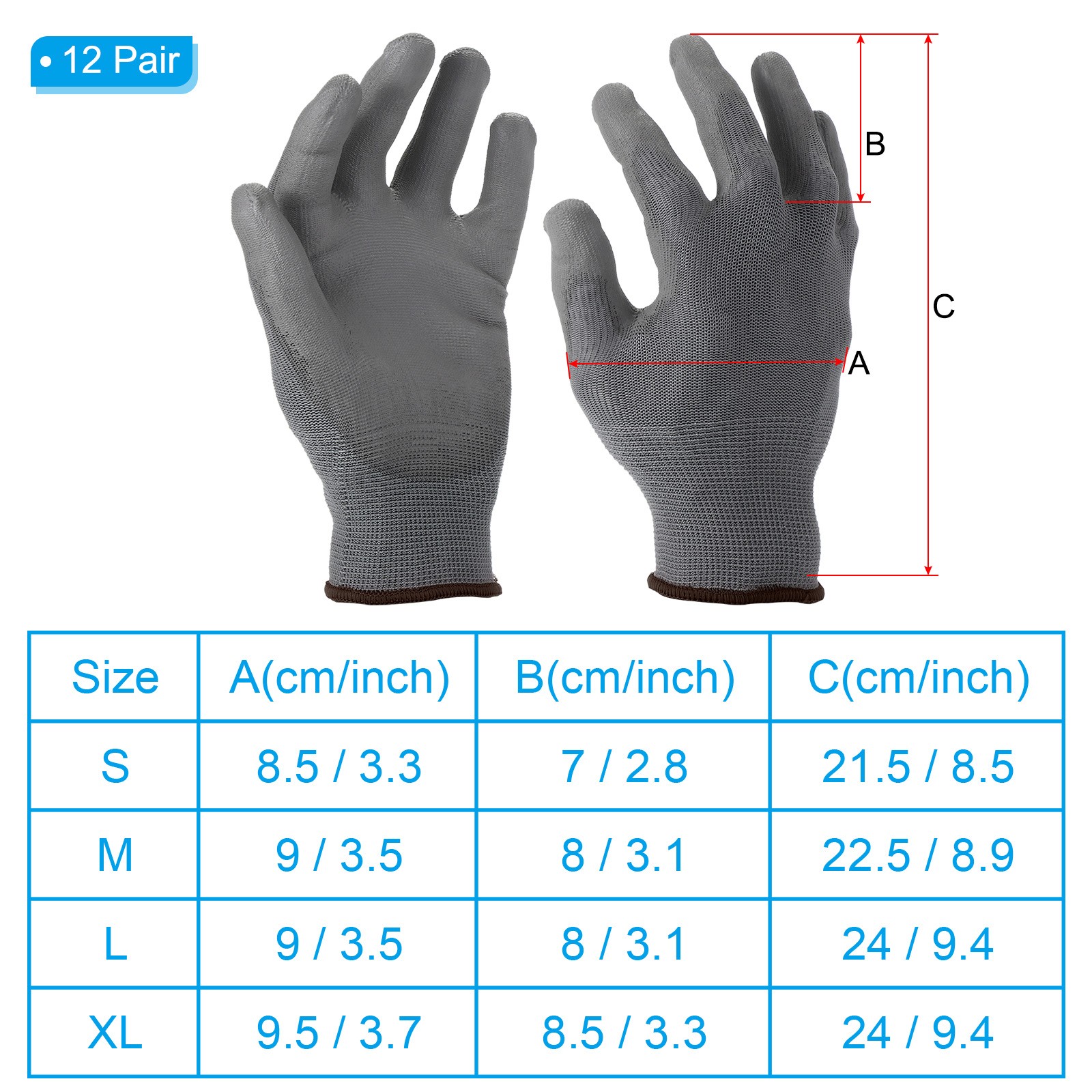 12 Pair Safety Work Gloves PU Coating Medium Working Glove with Grip, Gray