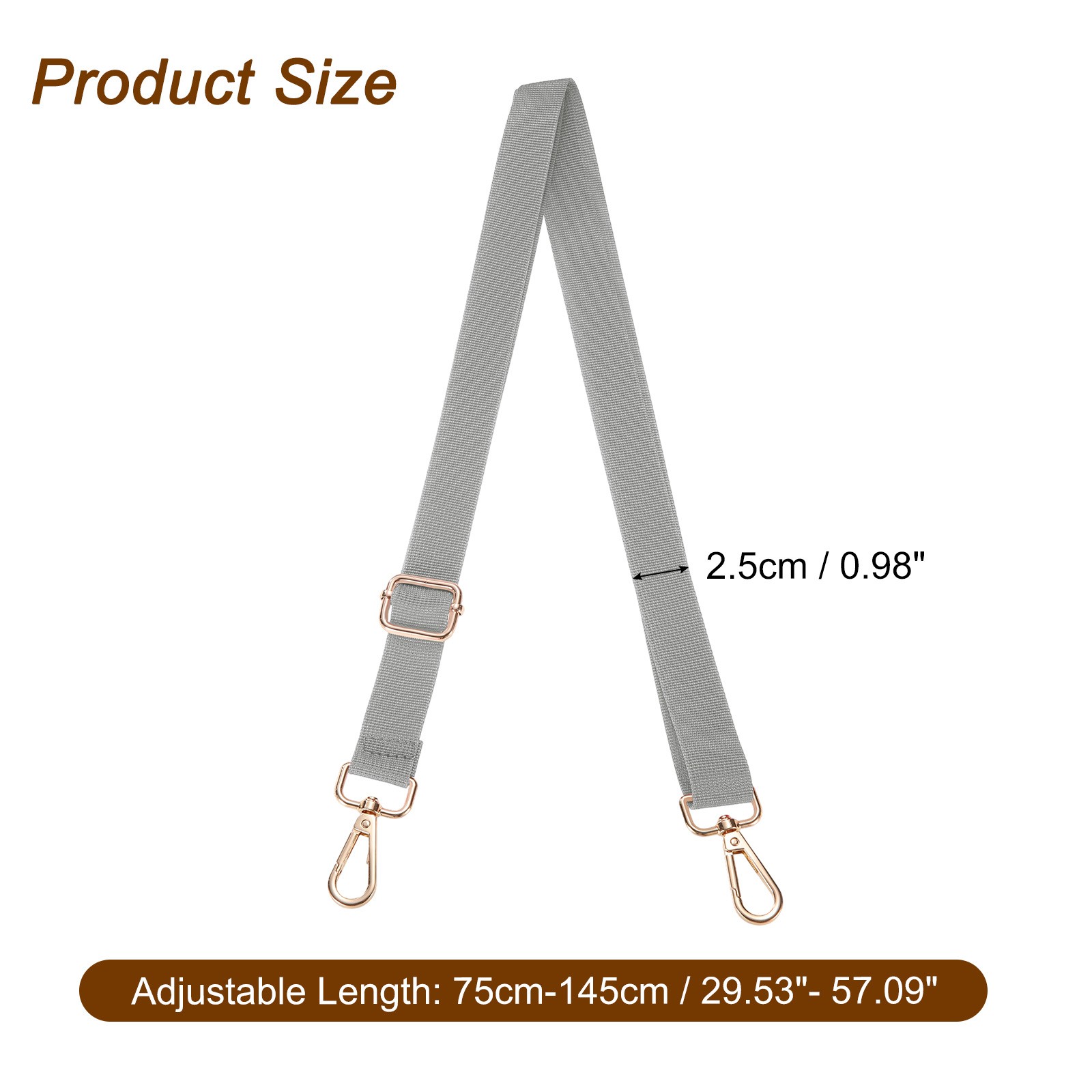 2.5cm Adjustable Silver Gray Wide Shoulder Strap w Light Gold Pull Core Buckle