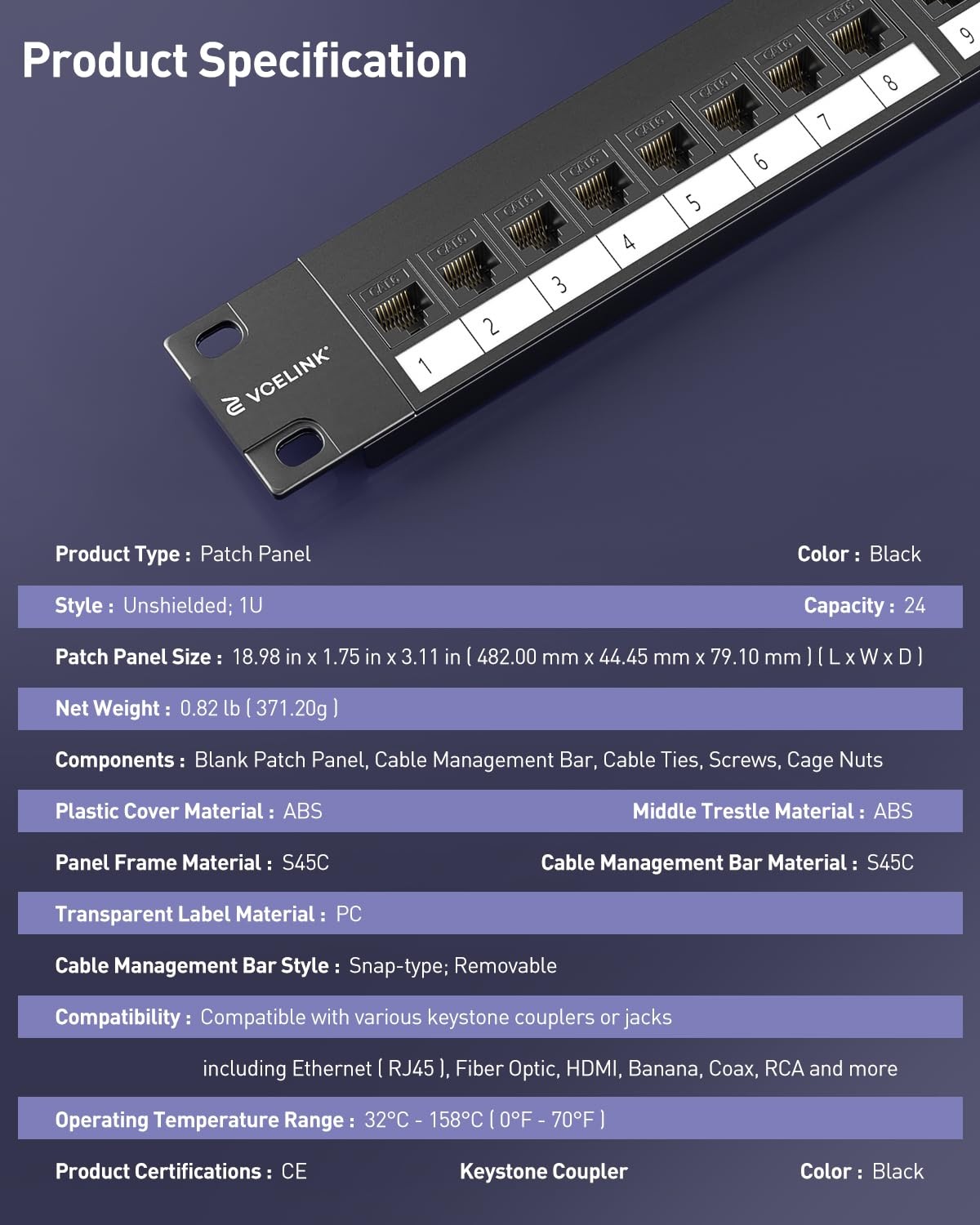 Keystone Patch Panel, with 25-Pack UL-Listed CAT6 Keystone Coupler