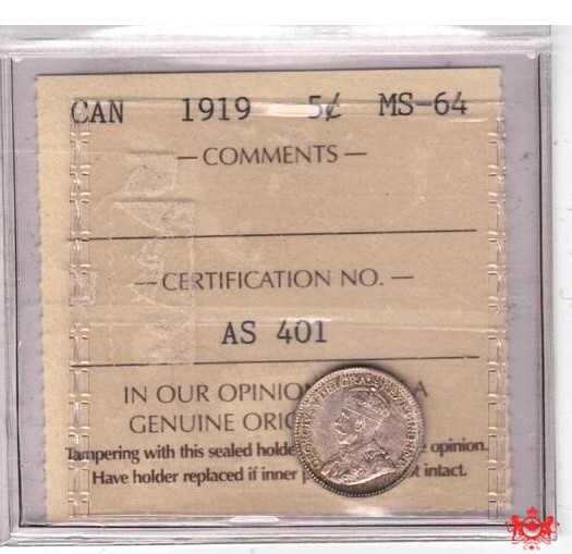 1919 Canada 5 Cents - ICCS MS64 - AS 401