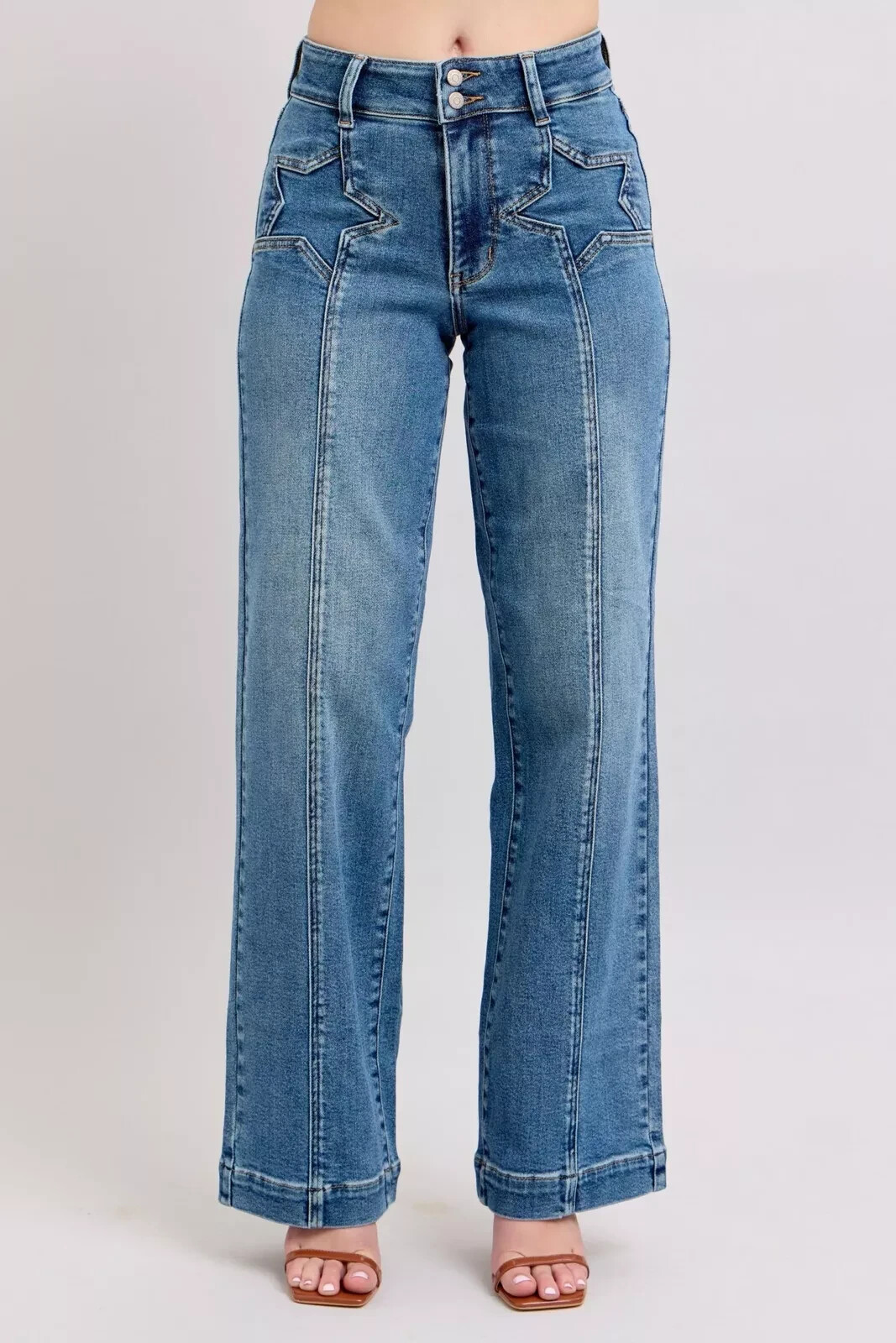Judy Blue High Waist Star & Front Seam Detail Wide Leg Denim Jeans New!!!