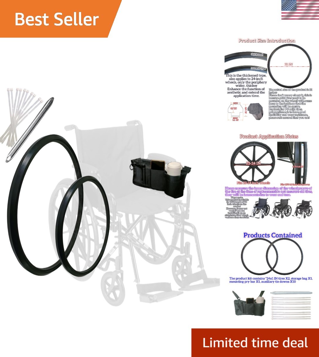 Lightweight 24x1 Wheelchair Tires with Installation Tools - Enhanced Durability