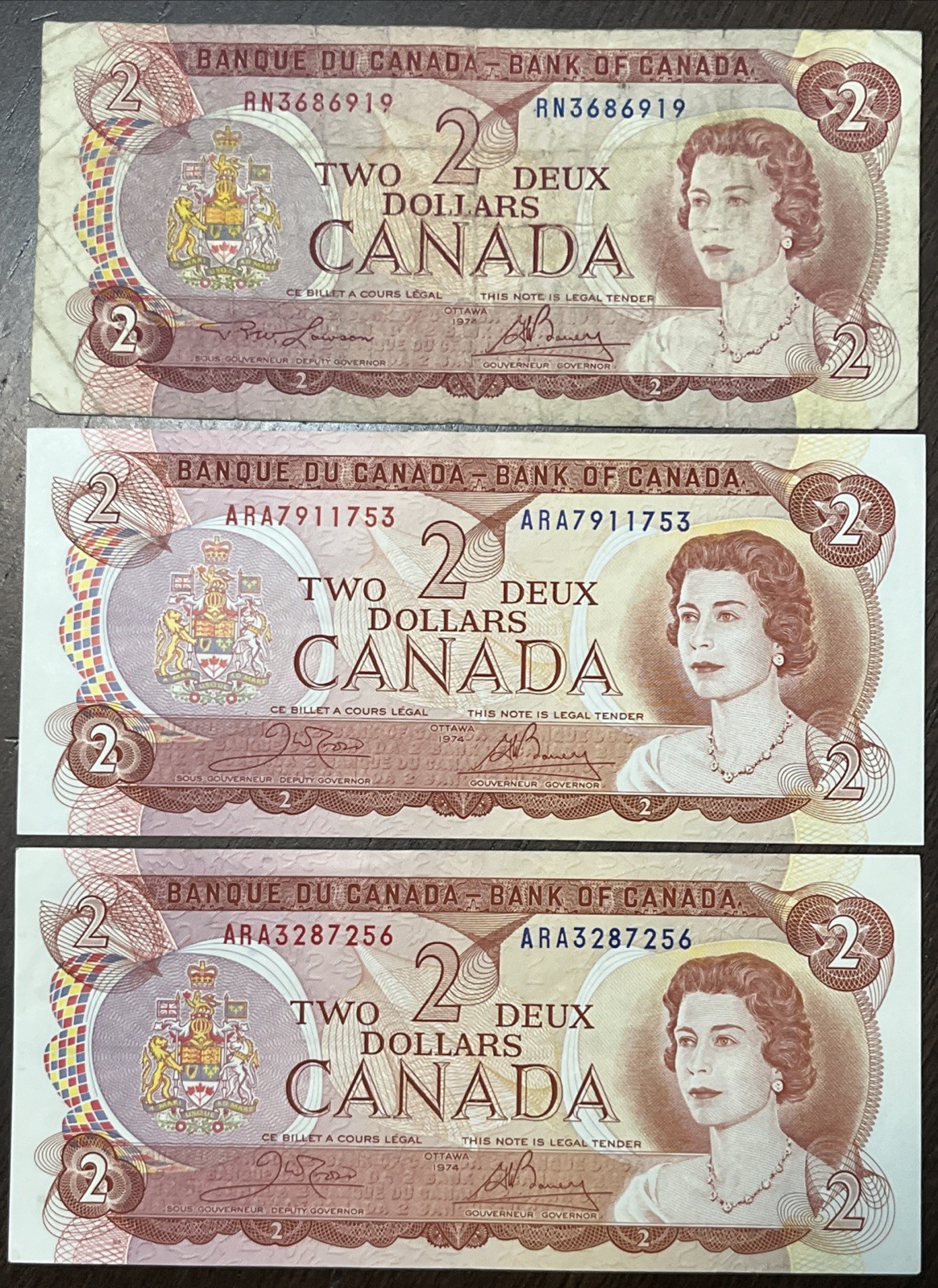CANADA 1974 $2 Queen Elizabeth II MOST UNC LIKE 3 Banknotes