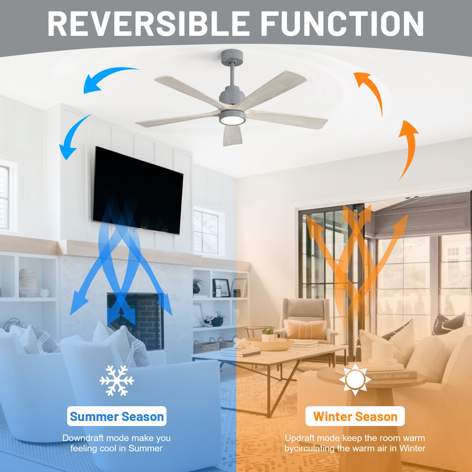 52in Solid Wood Ceiling Fan with Light and Remote Control Quiet Reversible Motor