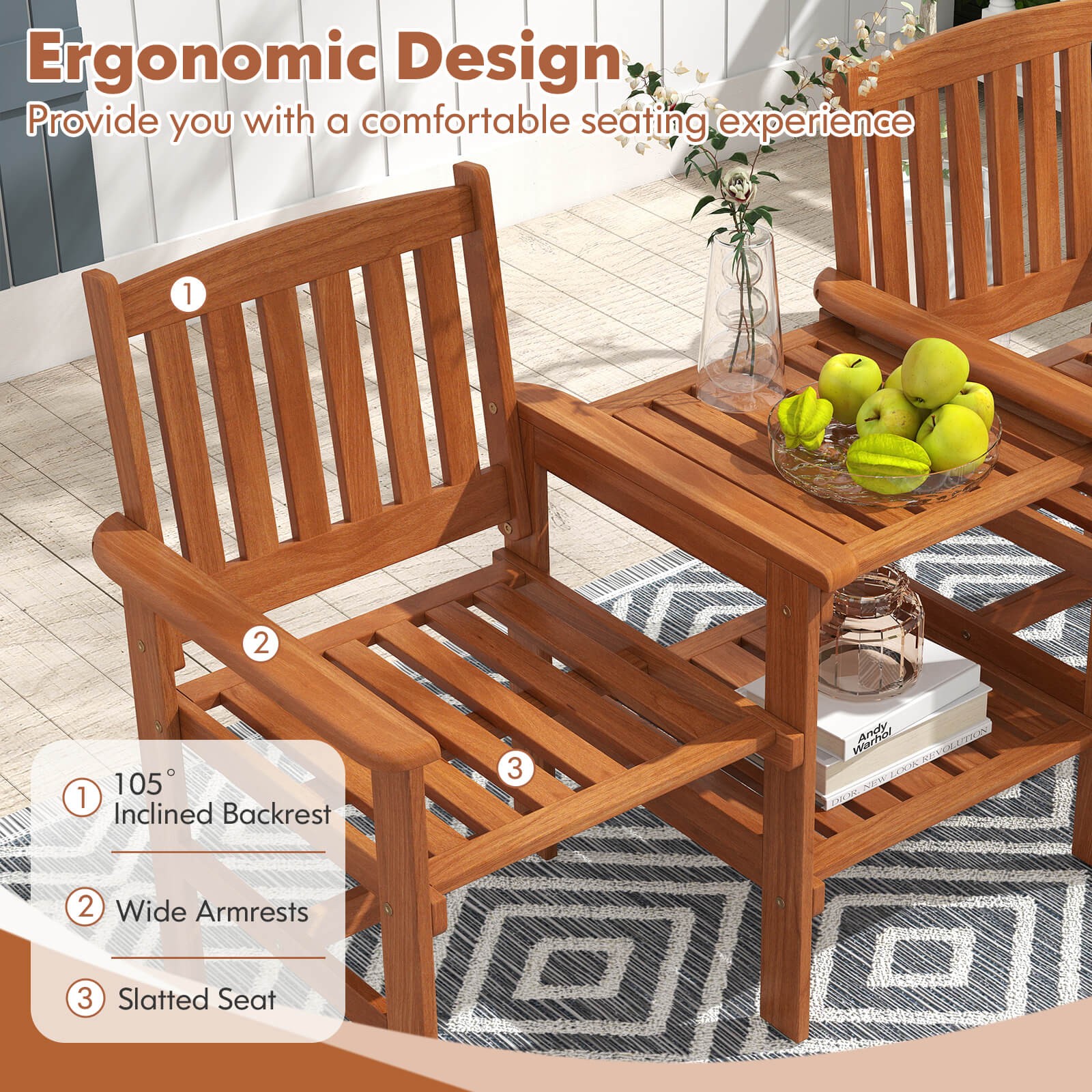 Outdoor Wood Bench Loveseat with Built-in Table 1.57" Umbrella Hole for Porch