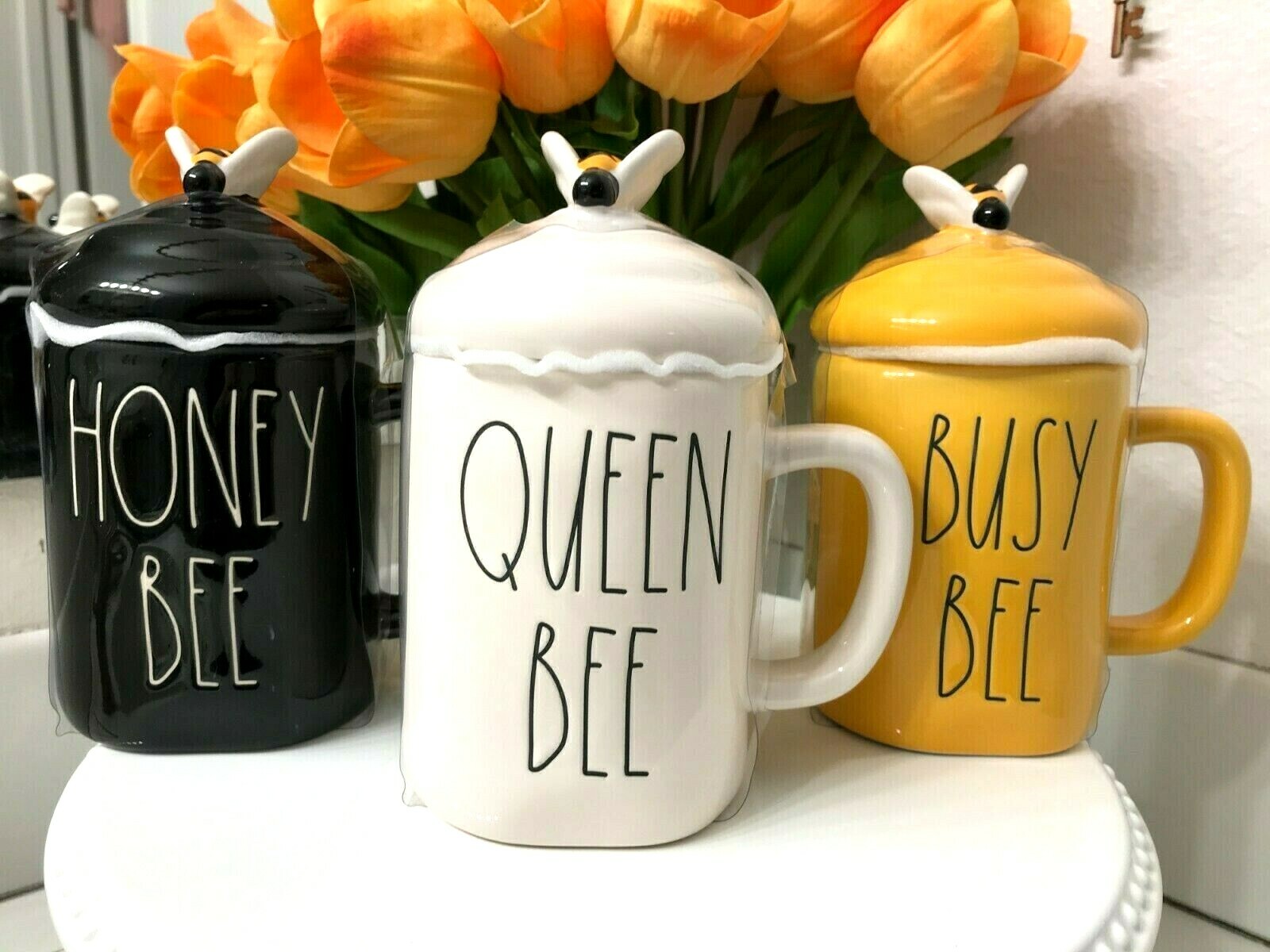 Rae Dunn Bumble BUSY HONEY QUEEN BEE Coffee Mug Cup Set With Topper LL Farmhouse