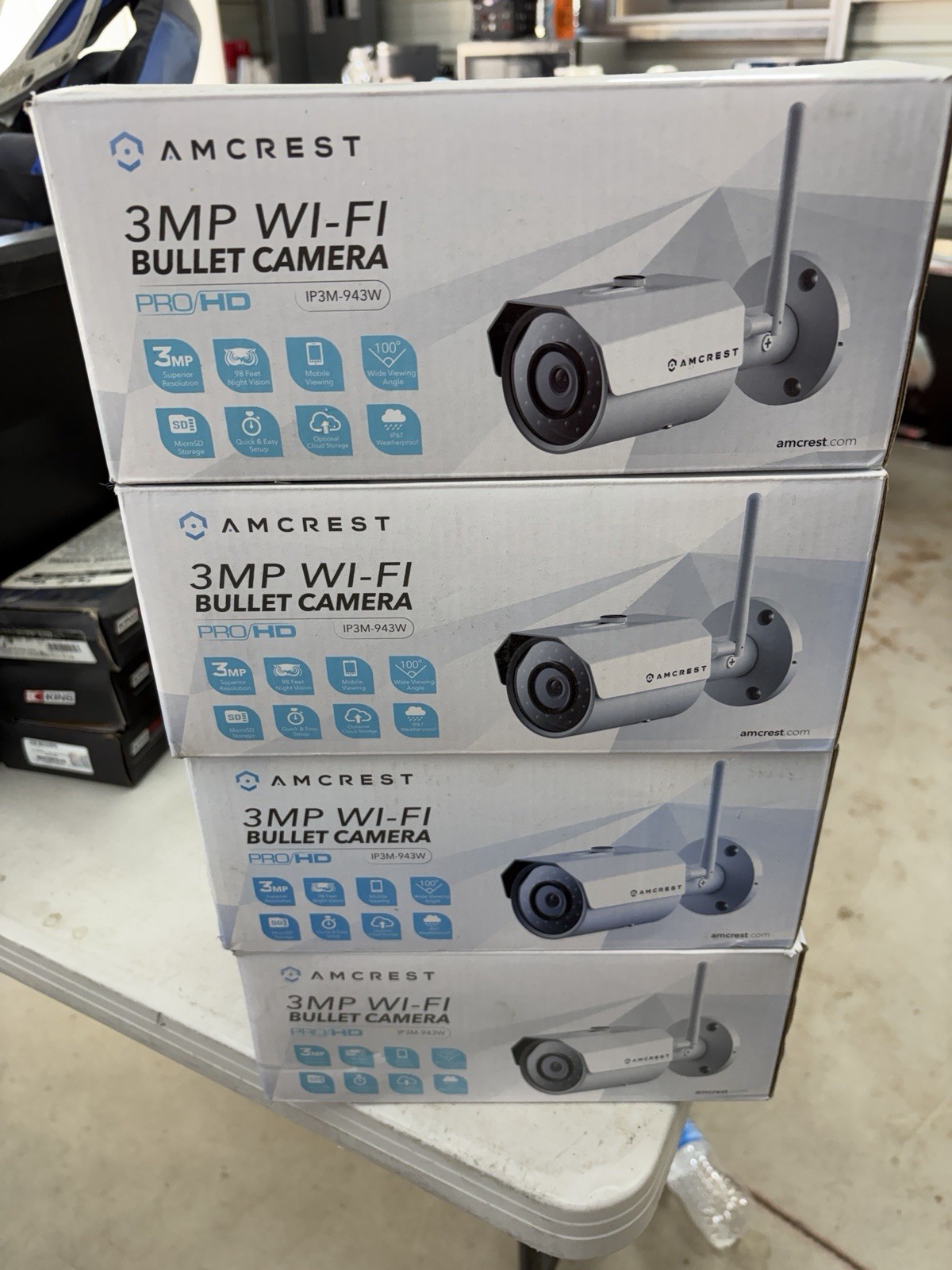 4 Count of 3MP Wi-fi Bullet Cameras. Amcrest Ip3m-493w Brand New In Box.
