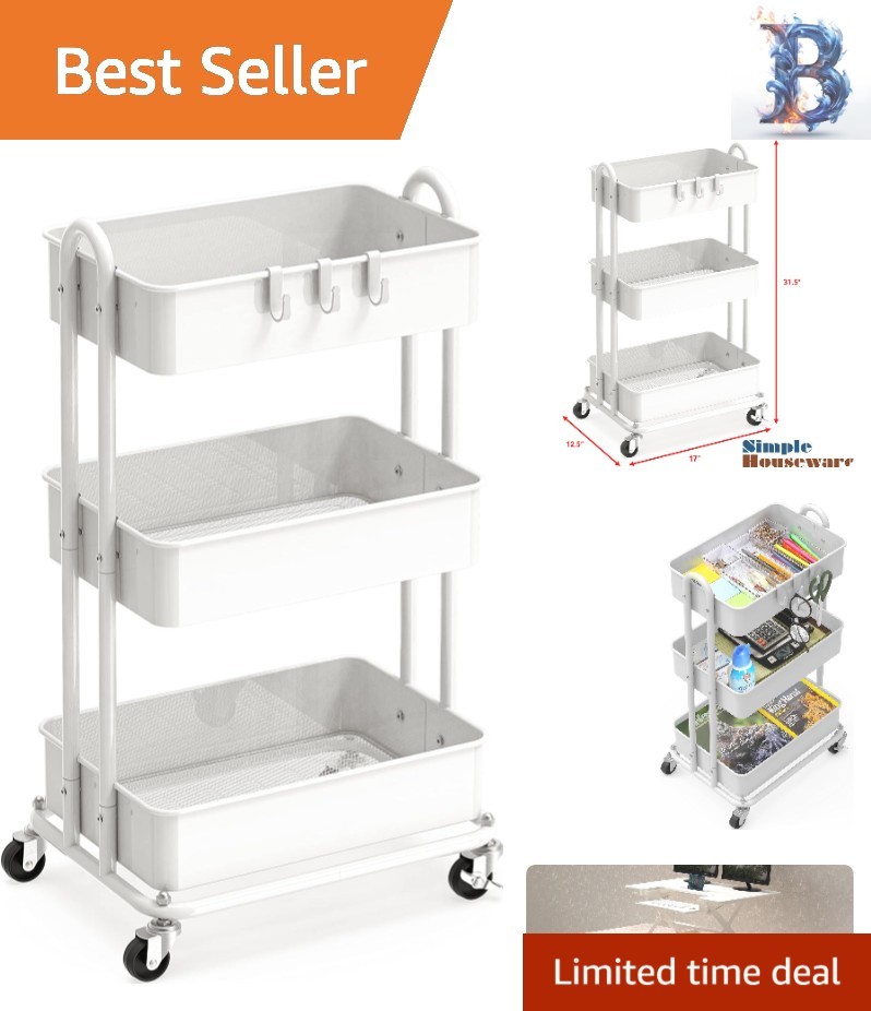 Elegant White 3-Tier Rolling Cart - Heavy Duty Metal Construction with Casters