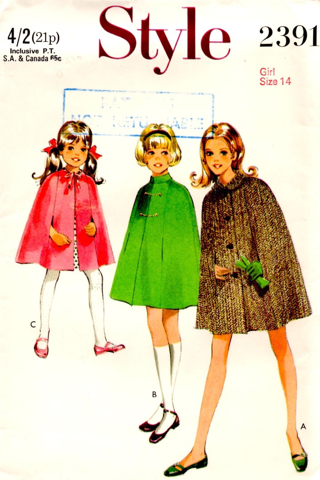 Vintage 1969 Style Sewing Pattern #2391, Lined Cape Cloak, Youth sz 14, Cut
