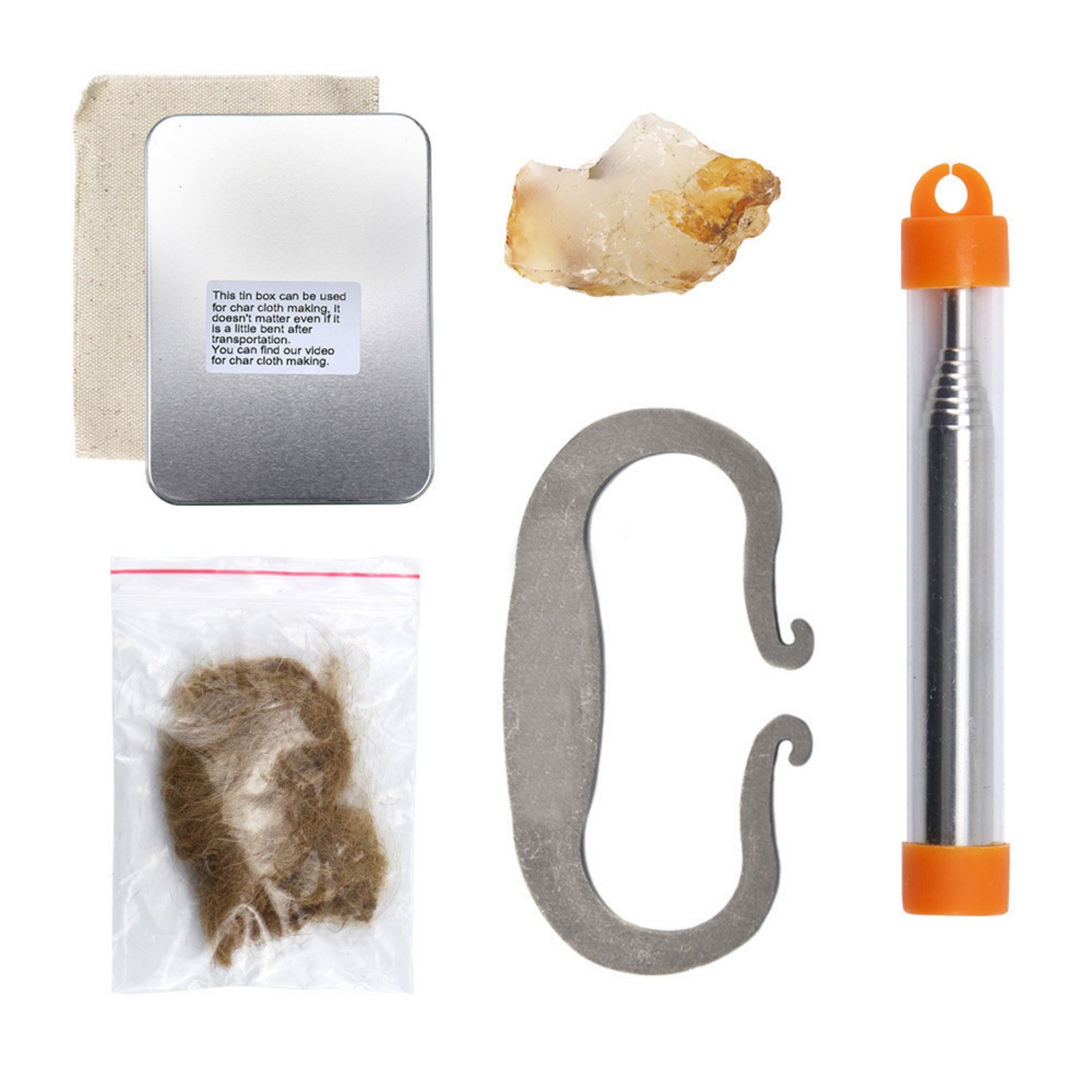Flint Stone Fire Kit w/ Striker Blow Pipe Cotton Cloth for Char Cloth Making