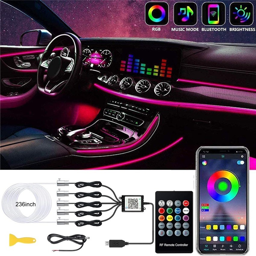 20FT RGB 5 in 1 Car Interior LED Strip Lights Car Ambient Decor Neon Lights Kit