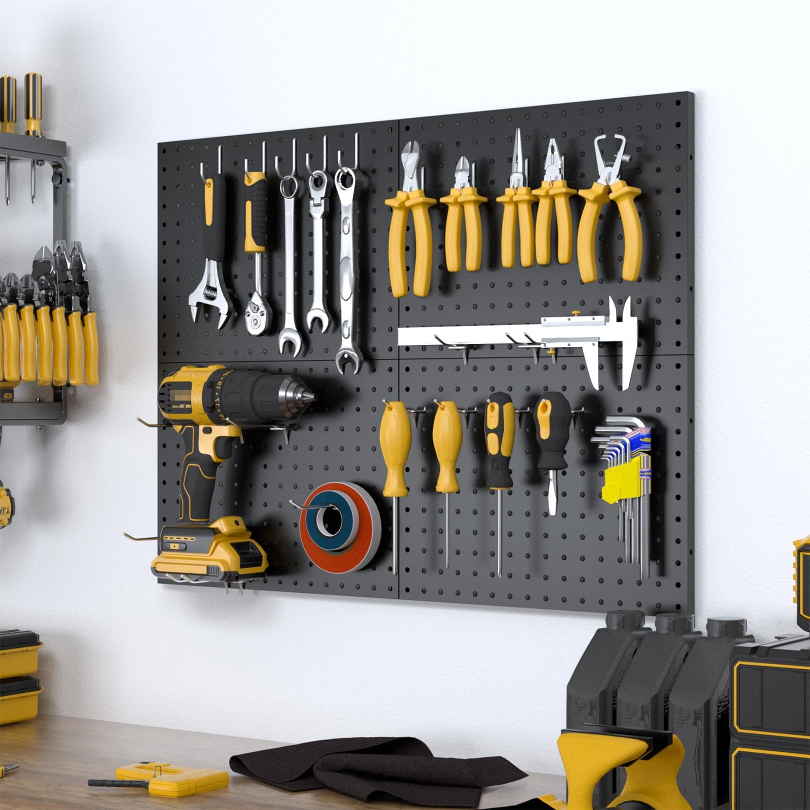 Peg Board, 4 Pack Metal Pegboard Panels with 50 Hooks, Black Pegboards Wall O...