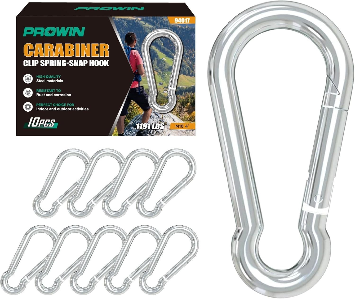 Prowin 10PCS M10 Heavy Duty Spring Snap Hook Carabiners, 3.93" Galvanized Steel