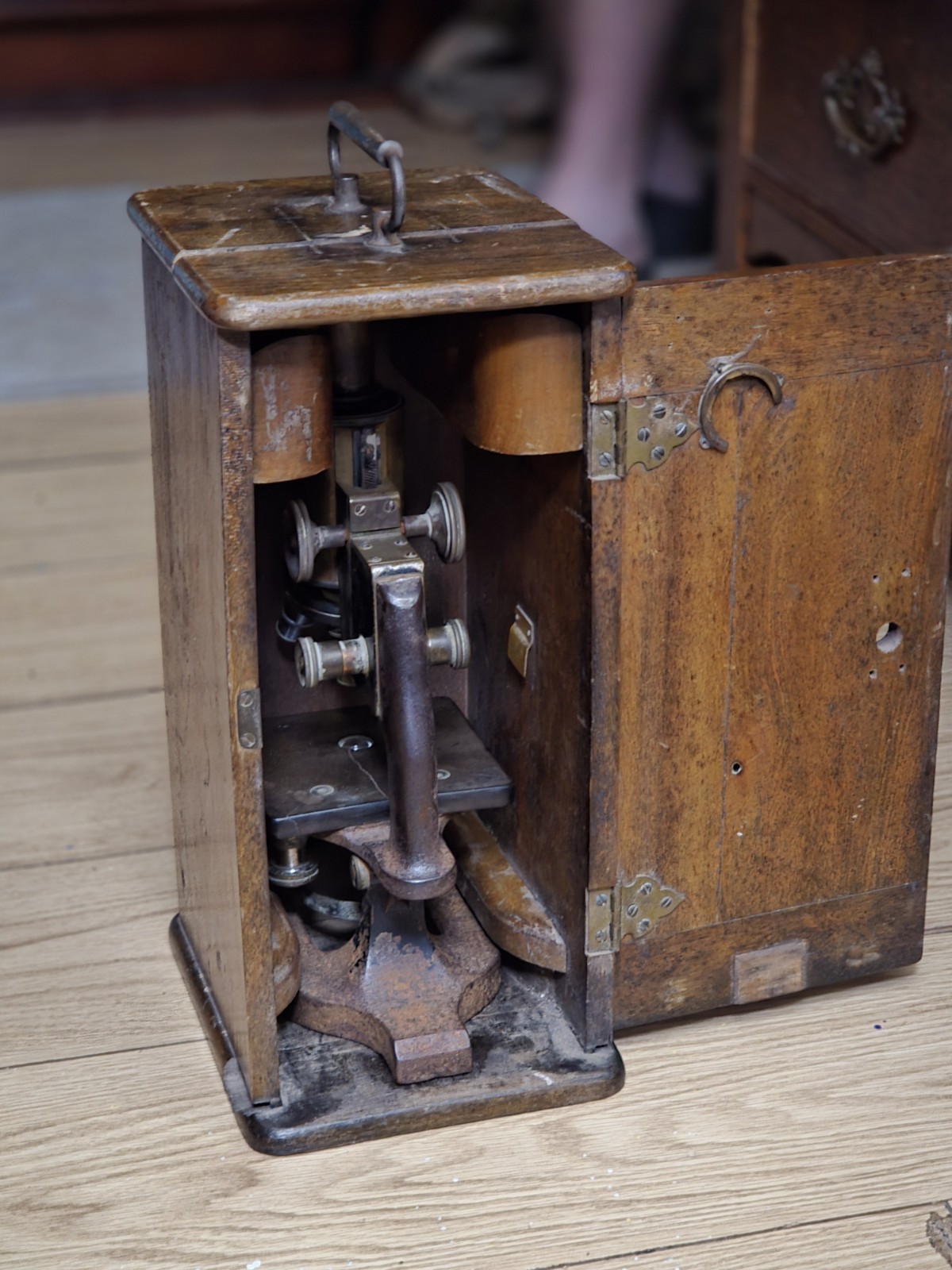 1900s Bausch & Lomb Brass Monocular Scientific Microscope & Wood Case