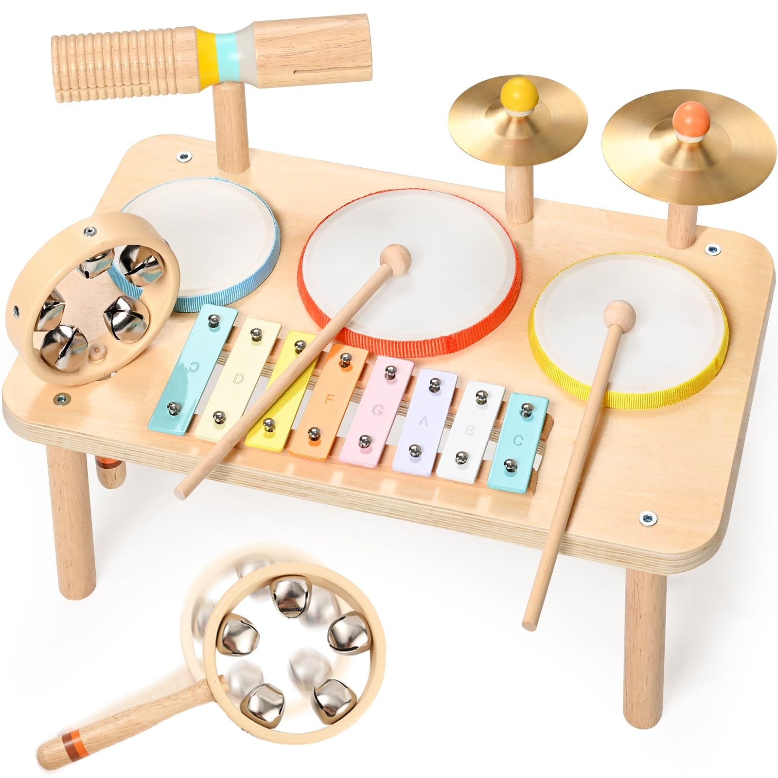 Kids Drum Set – 9-in-1 Montessori Toys for 1-3 Year Old & Wooden Musical Inst...
