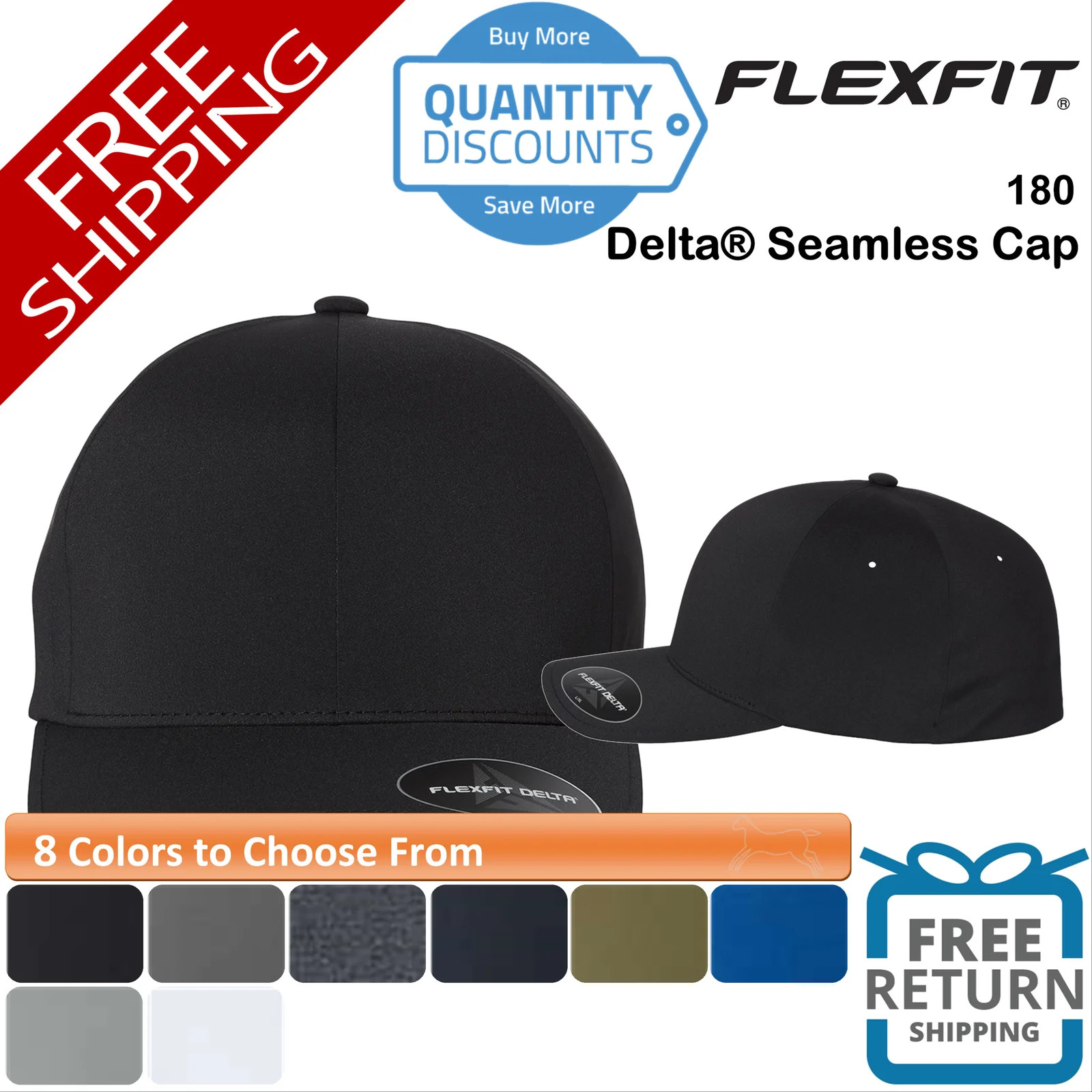 Flexfit Delta Seamless Cap Hat six stitch free panels, mid-profile 180