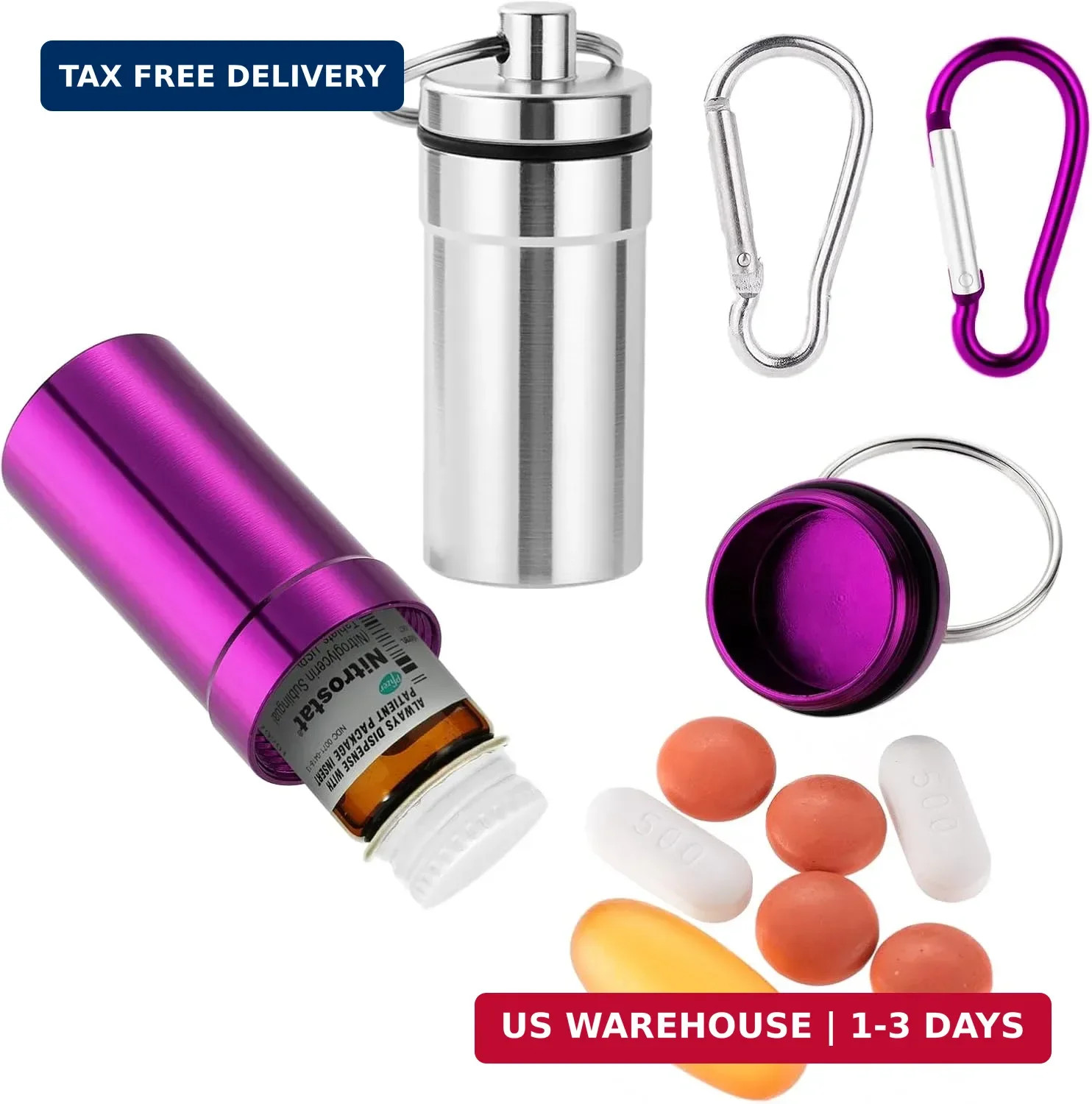 Keychain Pill Holder for Nitroglycerin, 2 Pack Mini Waterproof Portable Travel P