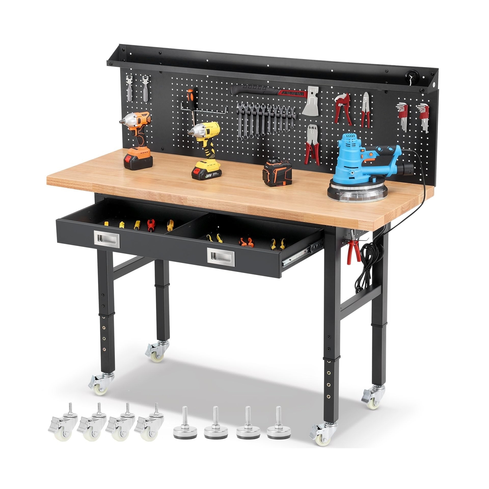 Workbenches for Garage Work Bench with Wheels 60 Inch Adjustable Rubber Wood ...