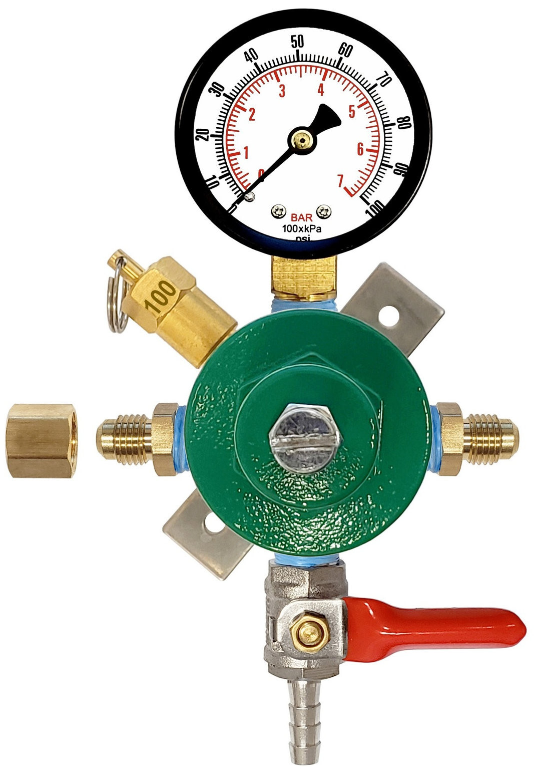SECONDARY PASS-THRU REGULATOR - 1/4" BARB w/SO & CHK VLVE - 100:MFL GAUGES