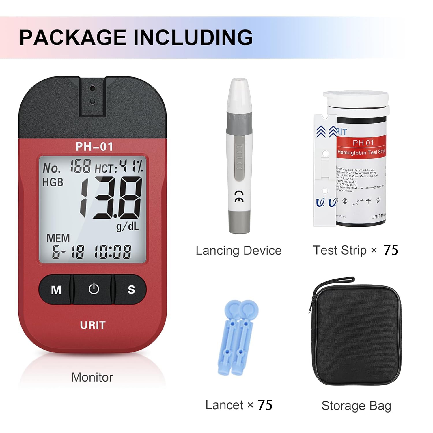 URIT Anemia Test Hemoglobin Test Meter with 75 Test Strips for Home Use (PH-01A)