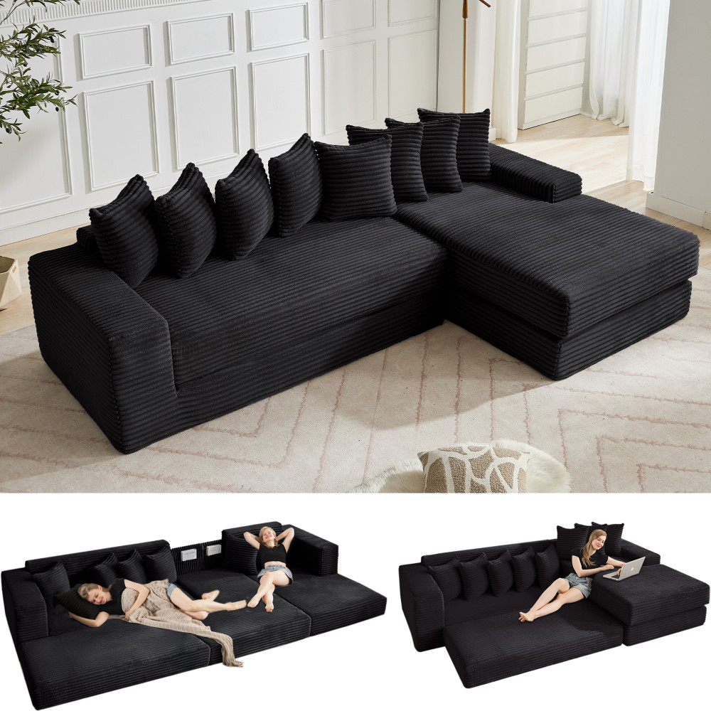 L-Shape Convertible Sofa Bed w/ 8 Pillows, Corduroy, Black, Right Facing