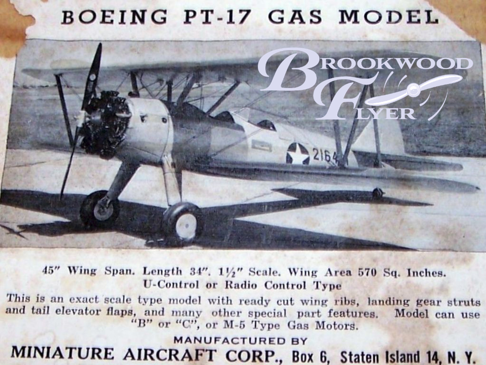 Miniature Aircraft PT-17 PLAN + PARTS PATTERNS for a 45" UC Scale Model Airplane