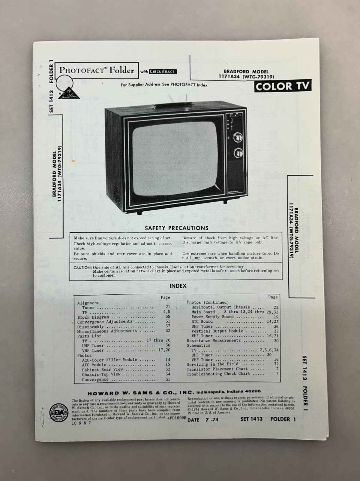 Bradford 1171A34 Service Manual Sams Photofact Free Shipping