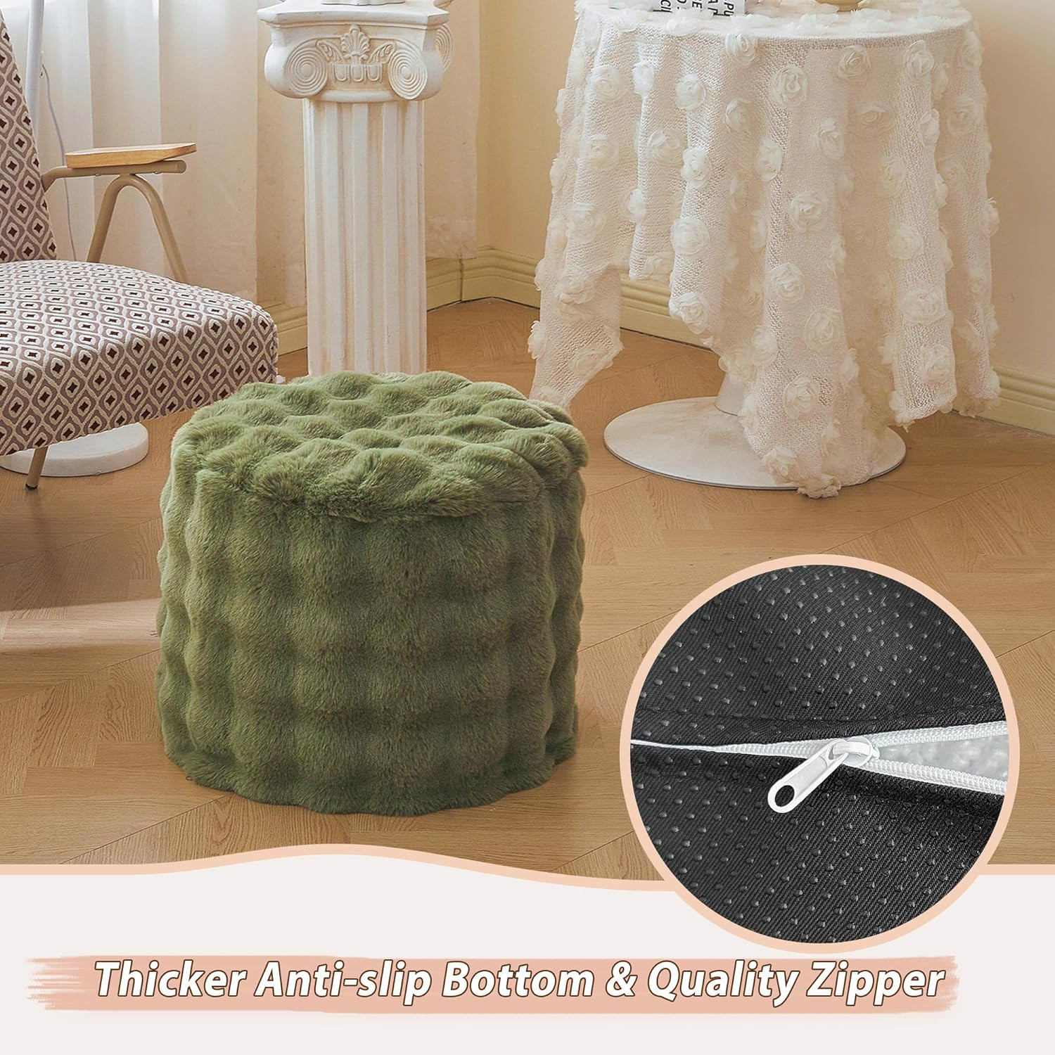 Faux Rabbit Fur round Inflatable Pouf Ottoman, 20" X 16" Plush Fuzzy Waffle Bubb