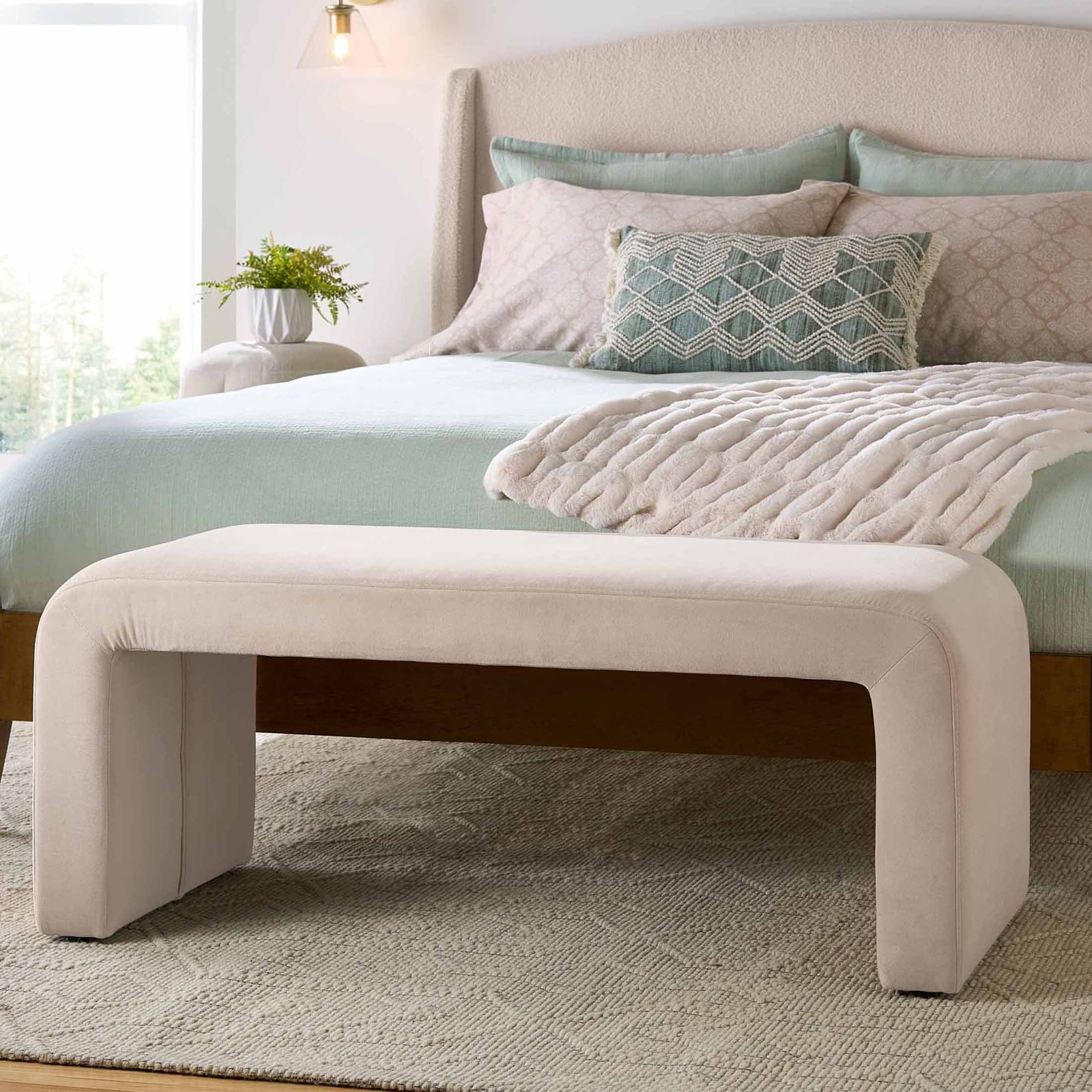 Juliet 44.50" Velvet Waterfall Bench, Beige Home Bedroom Soft Fabric Solid Wood