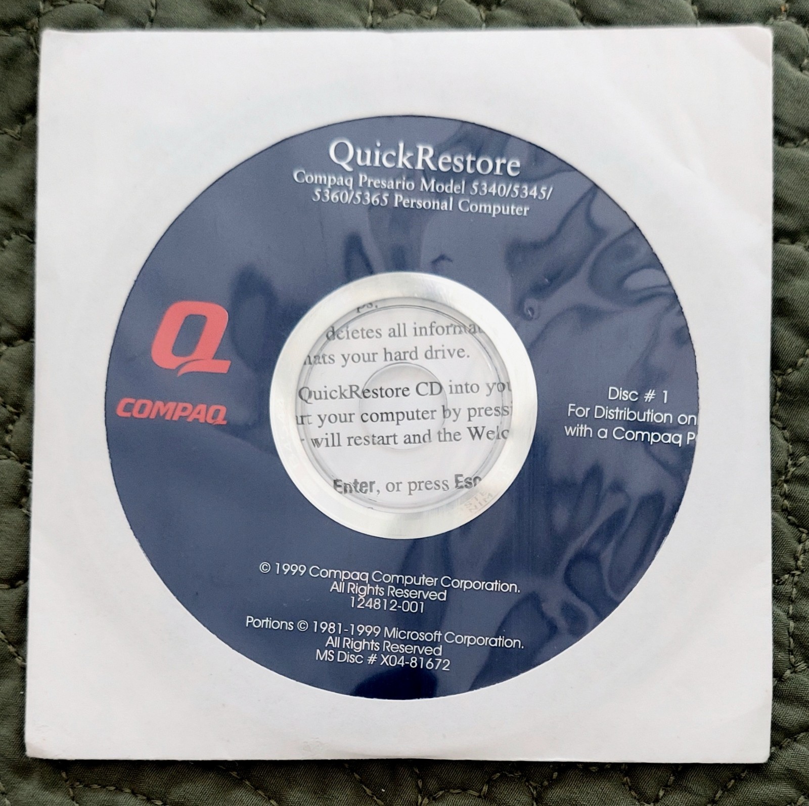 Compaq Quick Restore Disc 1999 Presario 5340 5345 Never Opened