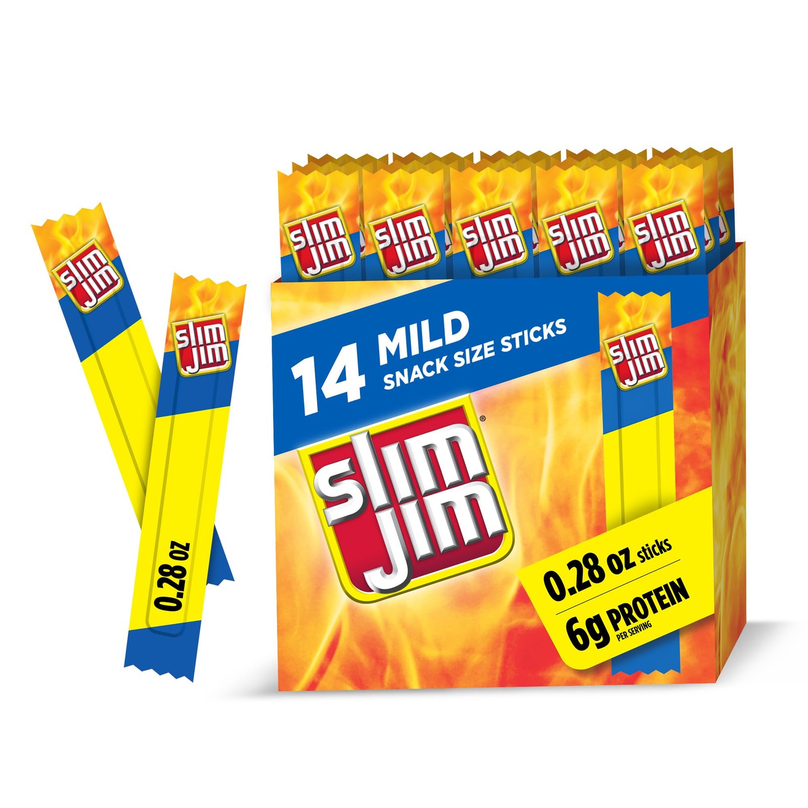 Slim Jim Smoked Meat Sticks, Mild Flavor, 6g Protein 0.28 Ounce (Pack of 14)