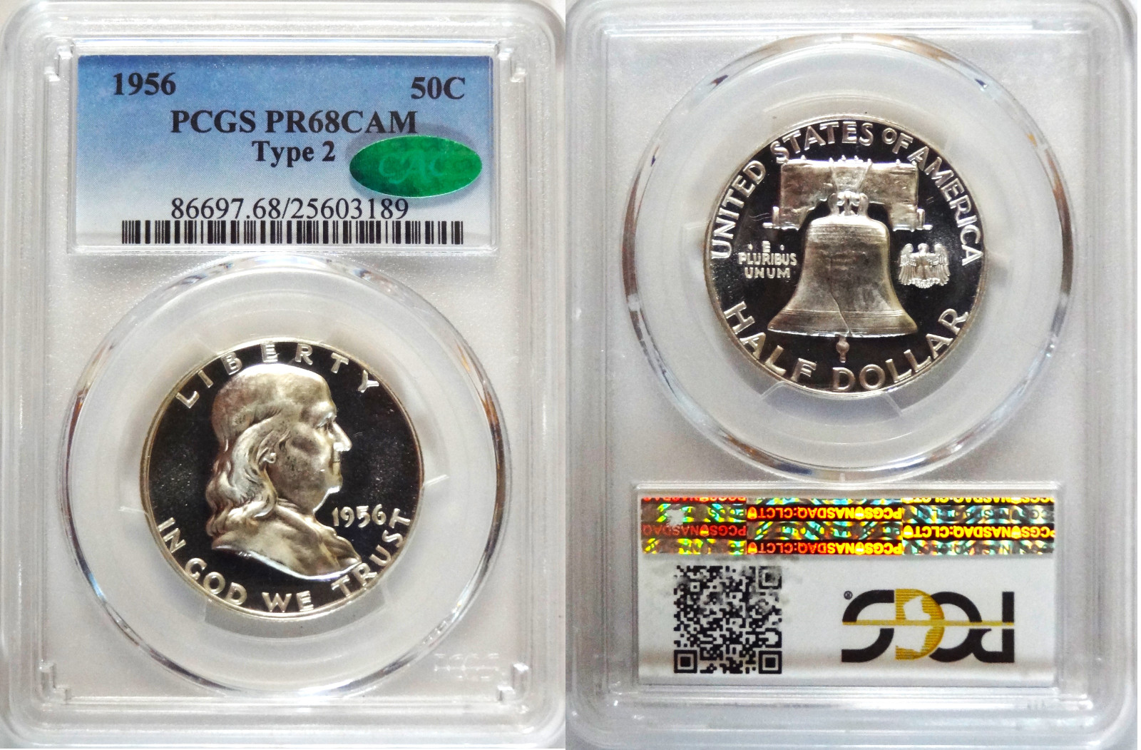 1956  FRANKLIN TYPE 2 CAC CERTIFIED HALF DOLLAR   PCGS PR68CAM