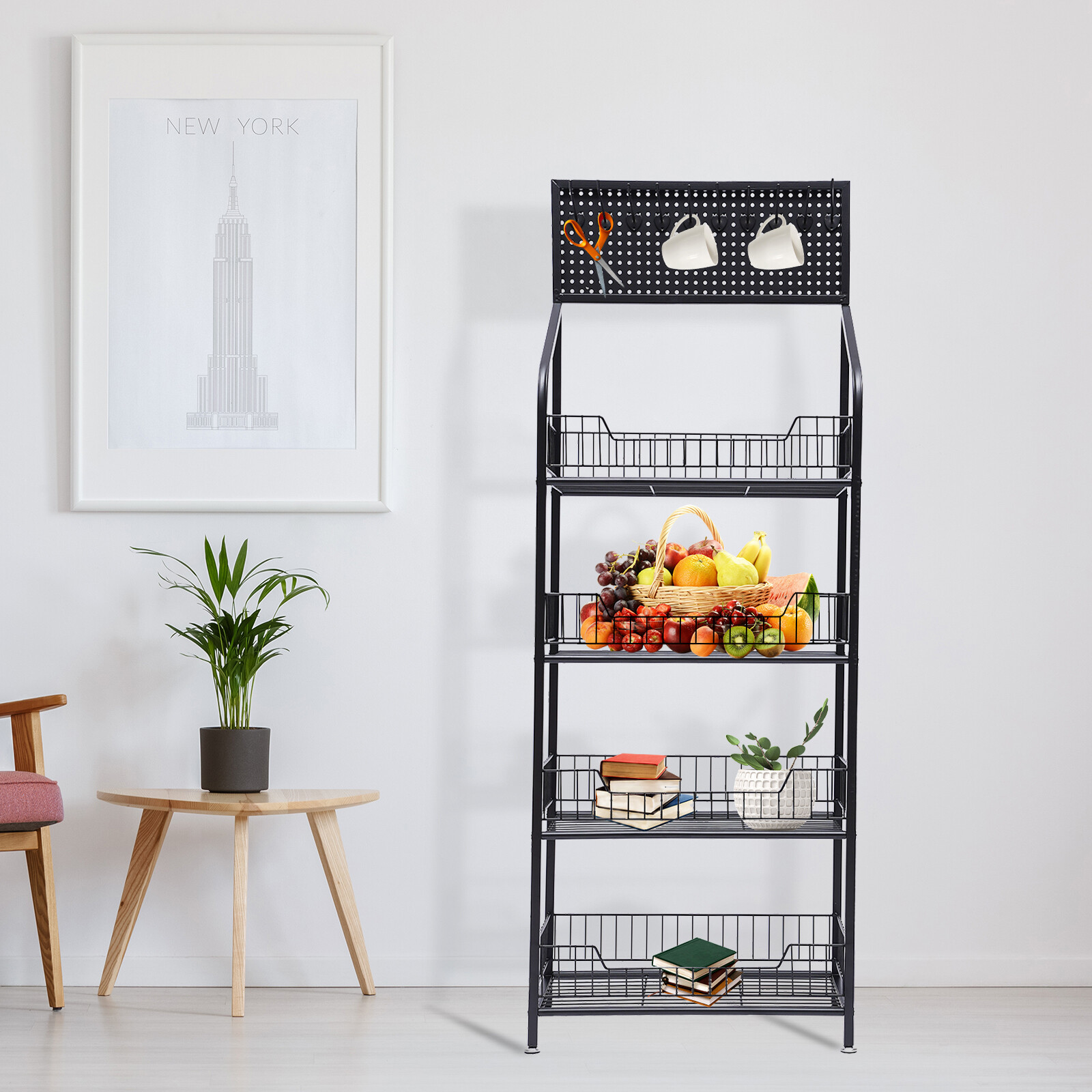 4-Tier Metal Baker's Rack With Locking Wheels, Wine Rack & 5 Hooks