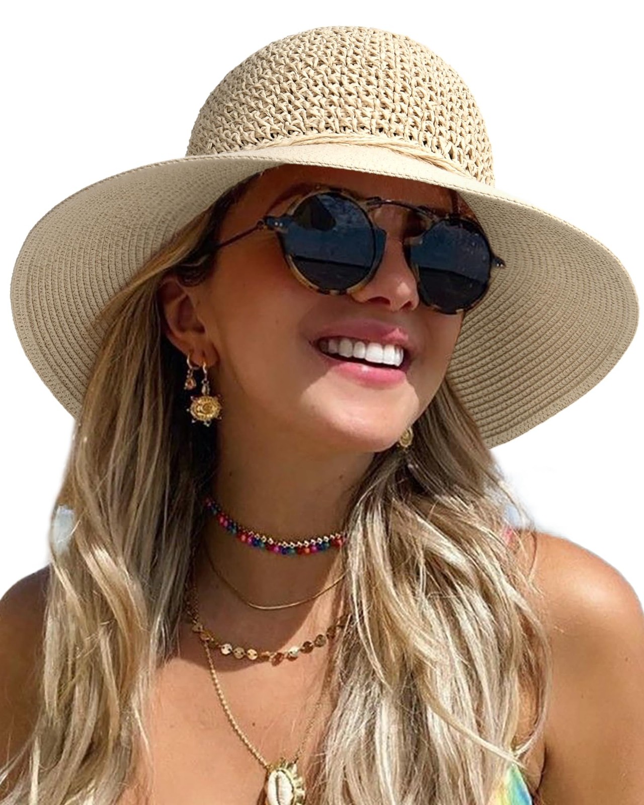 Womens Summer Straw Beach Sun Hat Wide Brim Handmade Crochet Hats Beige, Medium