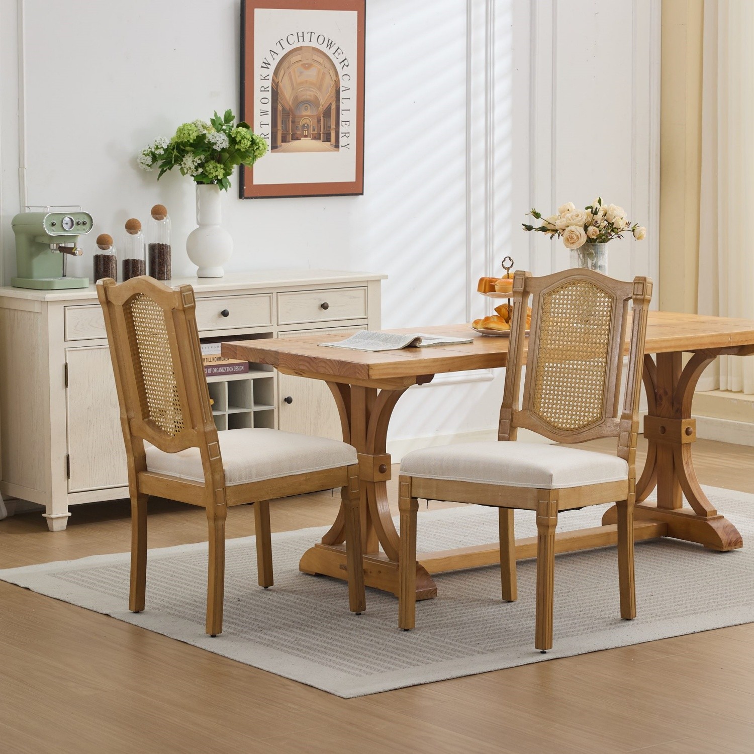 Set of 2 Upholstered Dining Chairs Solid Wood Rustic Kitchen Chair Rattan Back