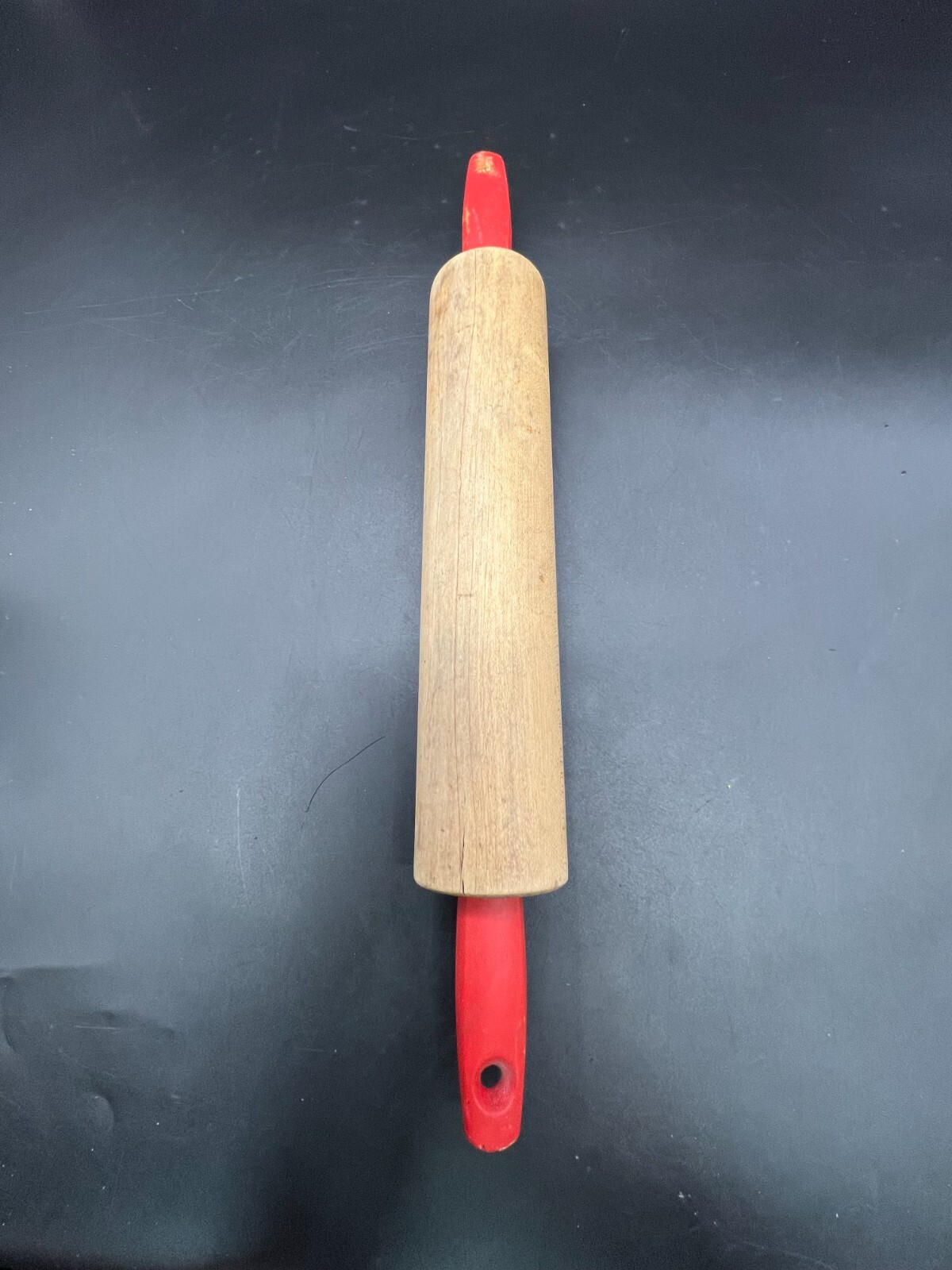 Vintage Rustic Red Wooden Handle Rolling Pin 16 1/2" Farmhouse Decor
