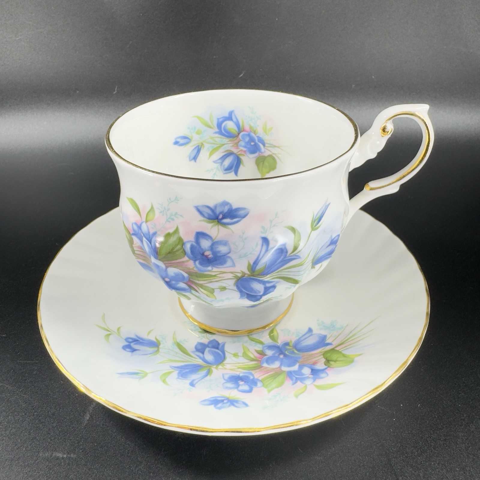Queens Rosina China Co Blue Flowers Teacup Saucer Set Porcelain Vintage England