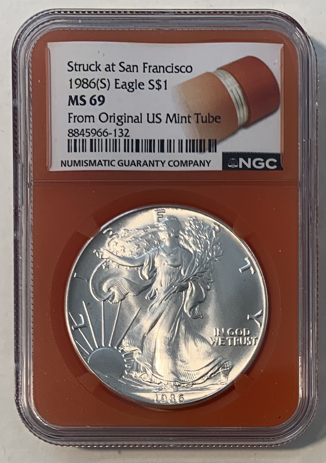 1986 (S) 1 oz .999 ASE SILVER Eagle NGC MS69 SUPER RARE Orange Core! San Fran
