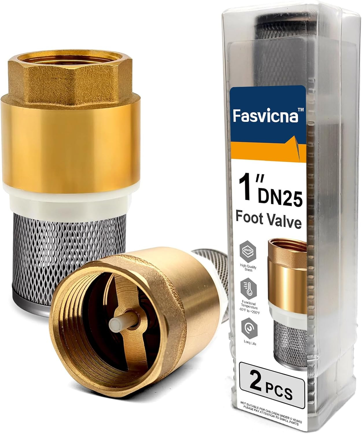 2 Pack 1" DN25 Brass Foot Valve with Strainer, One Way Check Valve, Backflow Pre