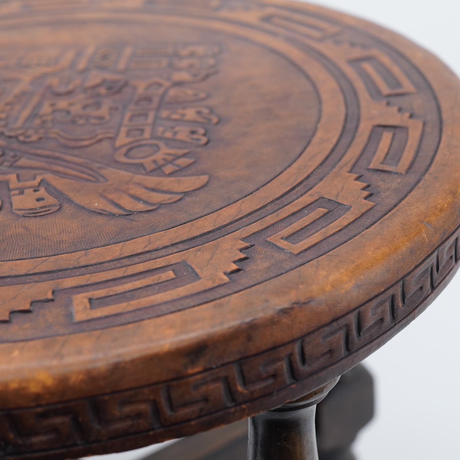 Hand Tooled Leather Top Wooden Stool Ottoman Ethnic Peru Mayan Aztec Warrior